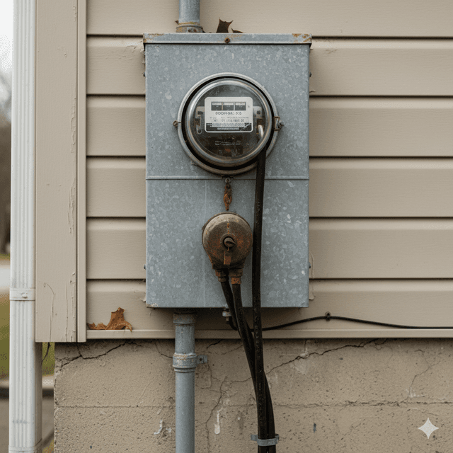 Electrical meter and service entry showing weatherhead deterioration and grounding issues