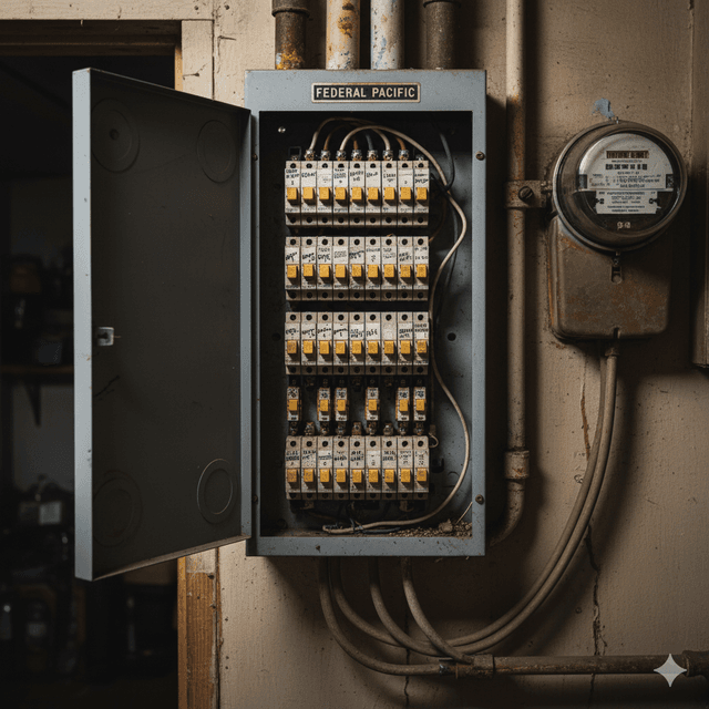 Federal Pacific electrical panel showing critical safety hazards