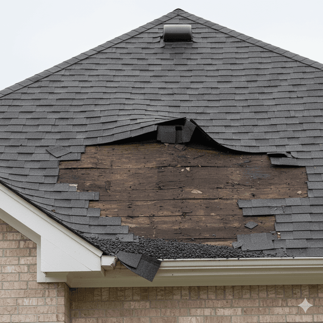 Storm damaged shingles showing lifting and granule loss