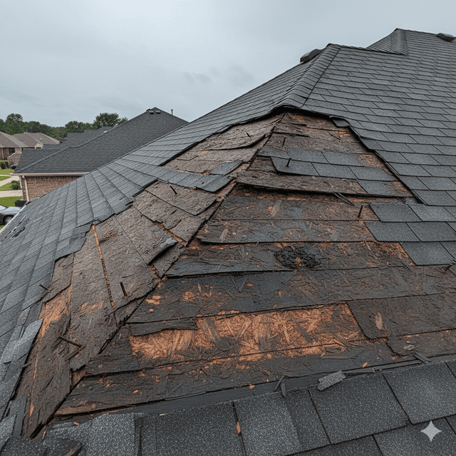 Water damaged roof decking showing structural damage